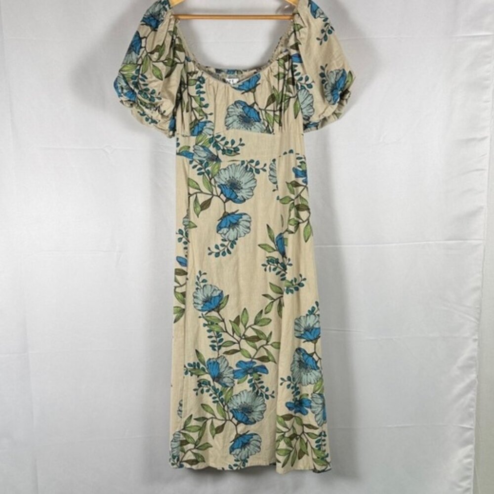 Cream Floral Print Puff Sleeve Scoop Neck A-Line Midi Dress